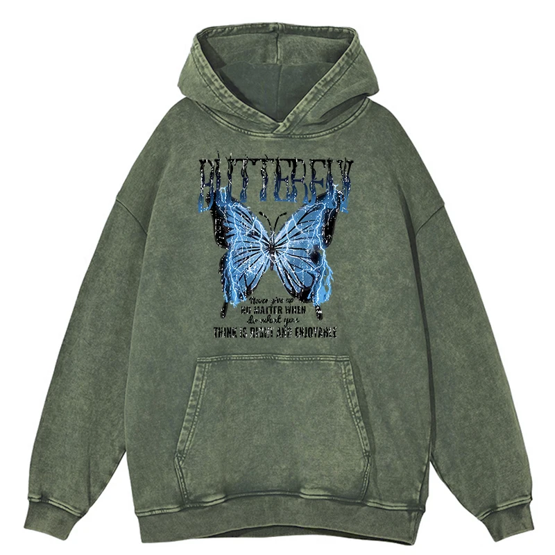 

Retro Distressed Wash Blue Lightning Butterfly Creative Word Hooded Men Clothes Autumn Oversized Warm 100% Cotton Fashion Hoody