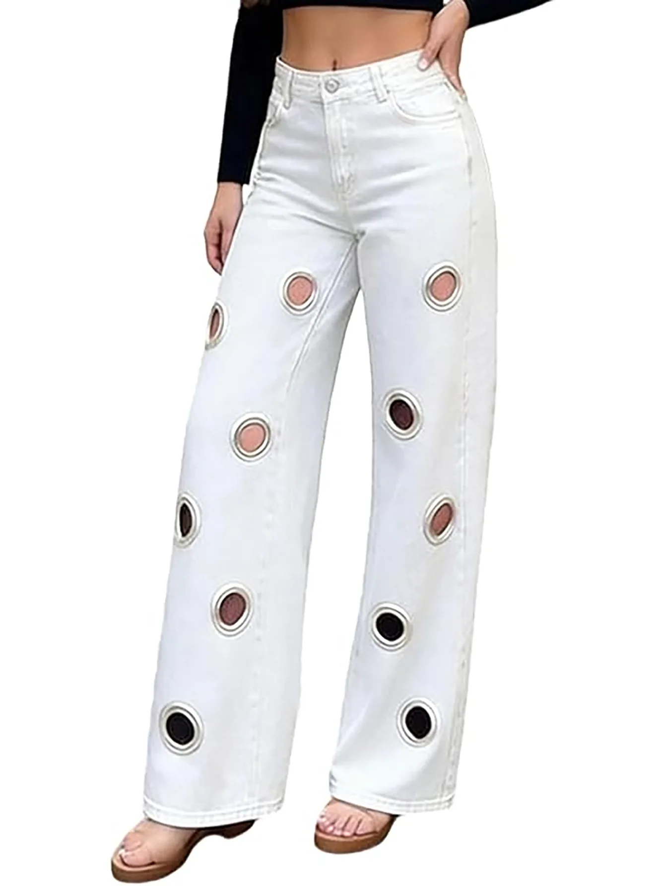 D8771  Vintage Holes Jeans Pants Sexy Women High Waist Elegant Night Club Denim Straight Trousers