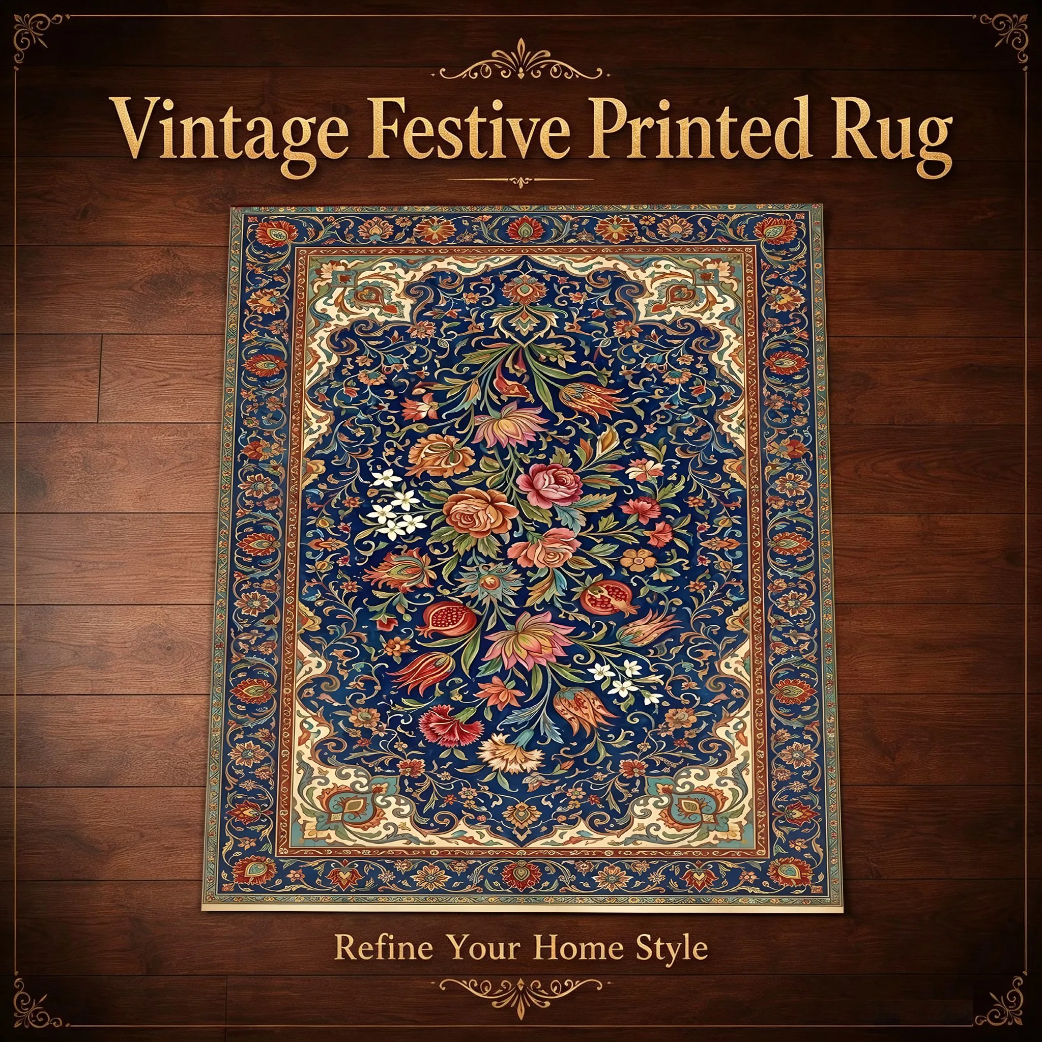 Blue-Based Vintage Persian Floral Rug for Christmas and New Year, Living Room, Bedroom and Bedside, Warm and Inviting for Autumn-Winter