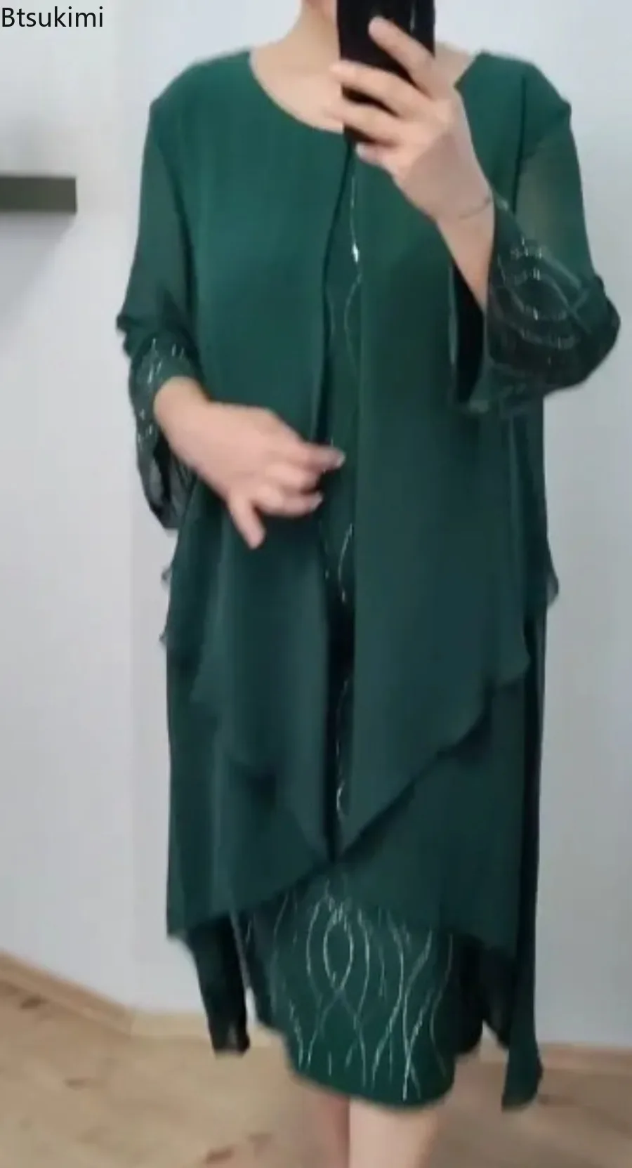 Summer Women Chiffon Dress Double-layer Iregular Mesh Patchwork Sheath Long Sleeves Mother Midi Dress Prom Commute Fashion Dress