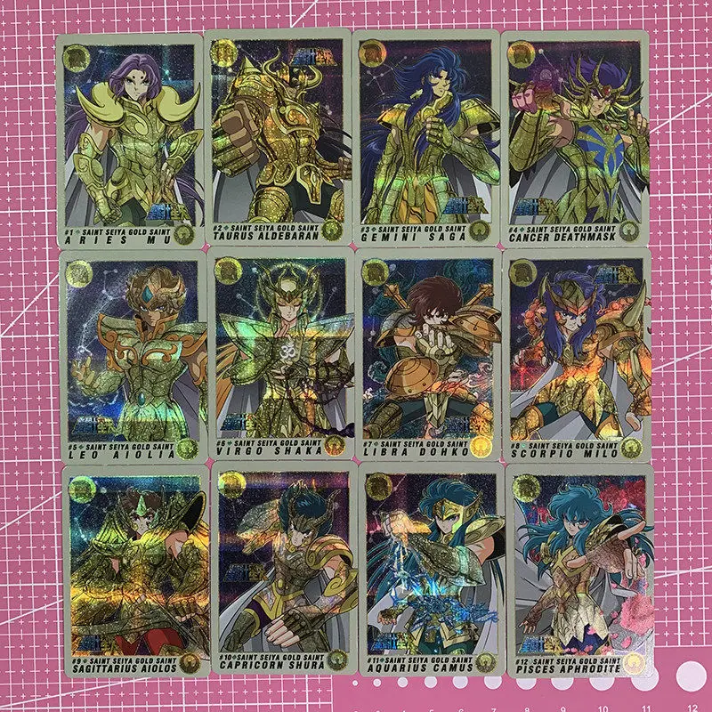 12pcs/set Saint Seiya Refraction Gauze Flash Card Aries/Mu Taurus/Aldebaran Gemini/Saga TCG Anime Game Collection Card Toy Gift