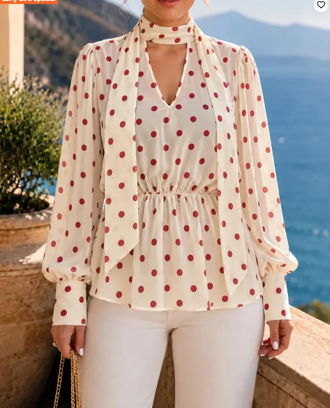 Women's Fashion Polka Dot Mock Neck Backless Chiffon Top 2026 Spring New Lantern Sleeve Casual Blouse with Draped Tie Details