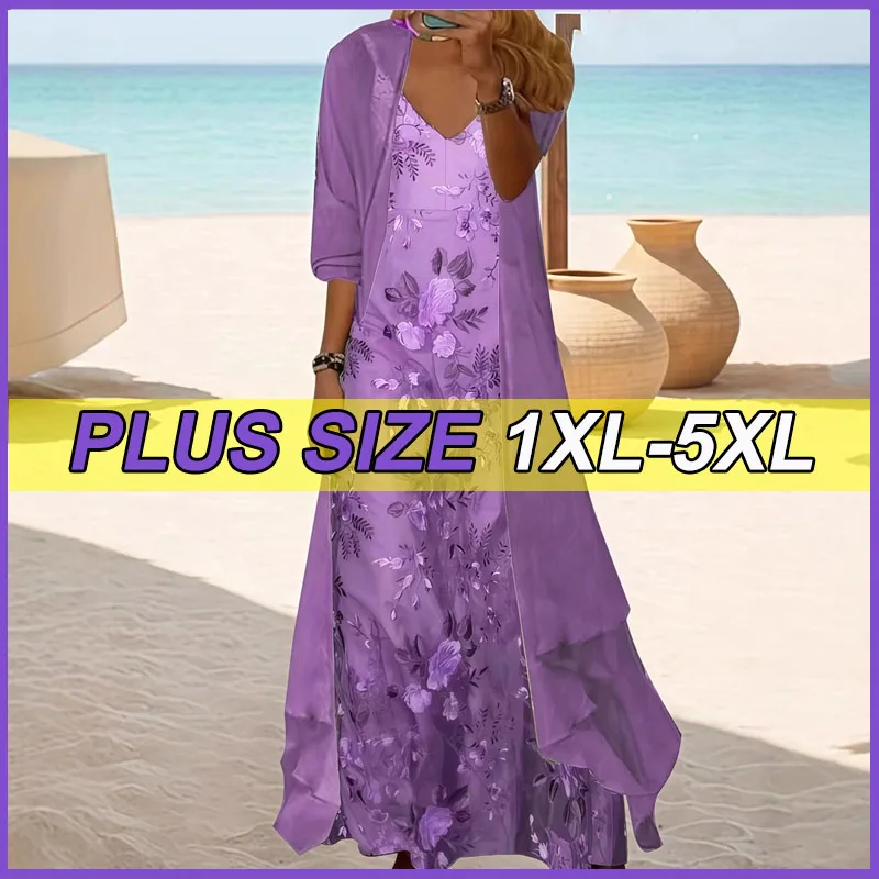 

Spring And Summer Plus Size Dresses For Women's Floral Print Maxi Dress With Sheer Cover Bohemian V-Neck Two Piece Set Clothing