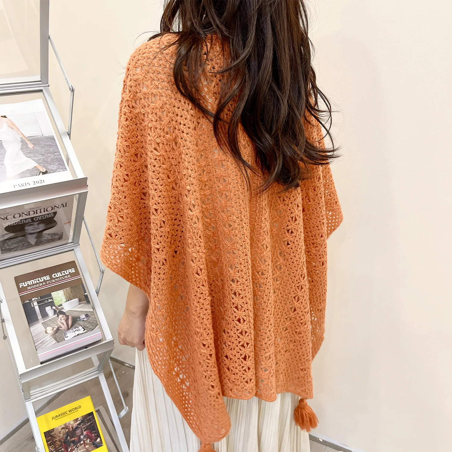 Poncho Cloak Ethnic Style Tourism Holiday Outwear Photography Knitted Tassel Split Shawl for Women Capes Lady Spring Coat Beige