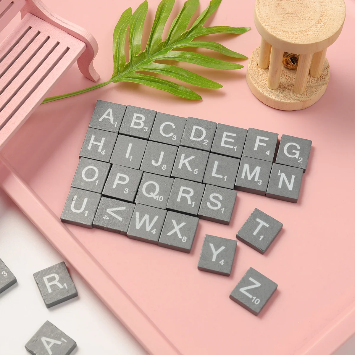 SUPVOX 100PCS Grey Natural Wood Chips DIY 26 English Letters Words Alphabet Puzzle Literacy Box Baby Intellectual Development