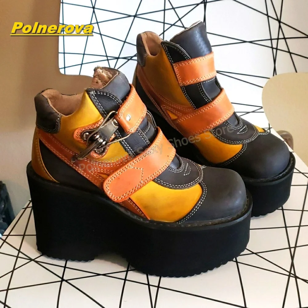 Botines de Plataforma Vintage para Mujer, con Cierre de Velcro, Diseño de Parches de Colores Mixtos, Punta Redonda, Tacones Gruesos, Estilo Y2K, Gótico, Punk, Zapatos de Pareja a la Moda