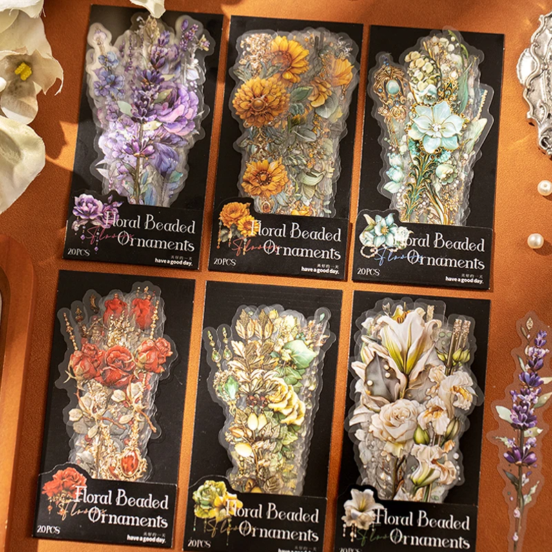 Mr. Paper 3-Pack Floral Bead Series Vintage Rectangular PET Stickers Creative Journaling Materials for Collage DIY Scrapbooking