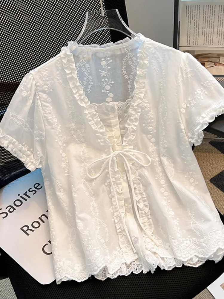 Summer ort Sve Embroidered Ruffle Hem irt Women's Korean Sle Loose Fit Lace Collar Single Piece  Knot Design