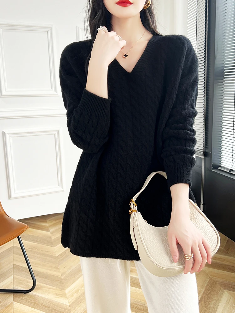 Autumn Winter Women Cashmere Sweater V-Neck Mid-Length Pullover 100% Merino Wool Knitwear Soft Twist Flower Casual Loose New Top