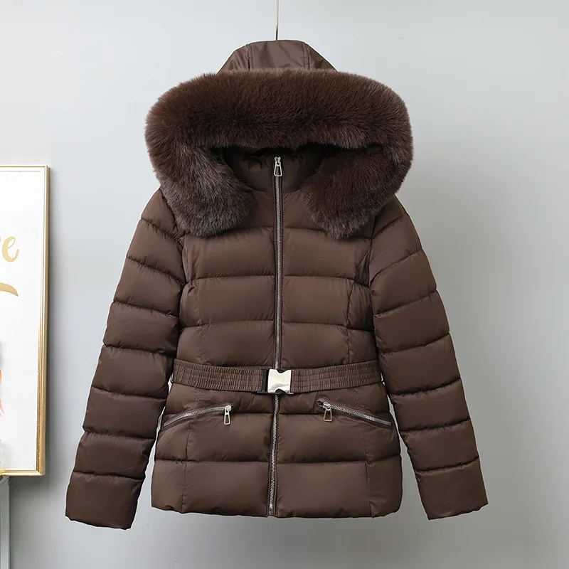 

Women New Winter Large Fur Coat Women With Belt Warm Loose Parka Ladies Cotton Padded Overwear Hooded Fur Collar Puffer Jacket