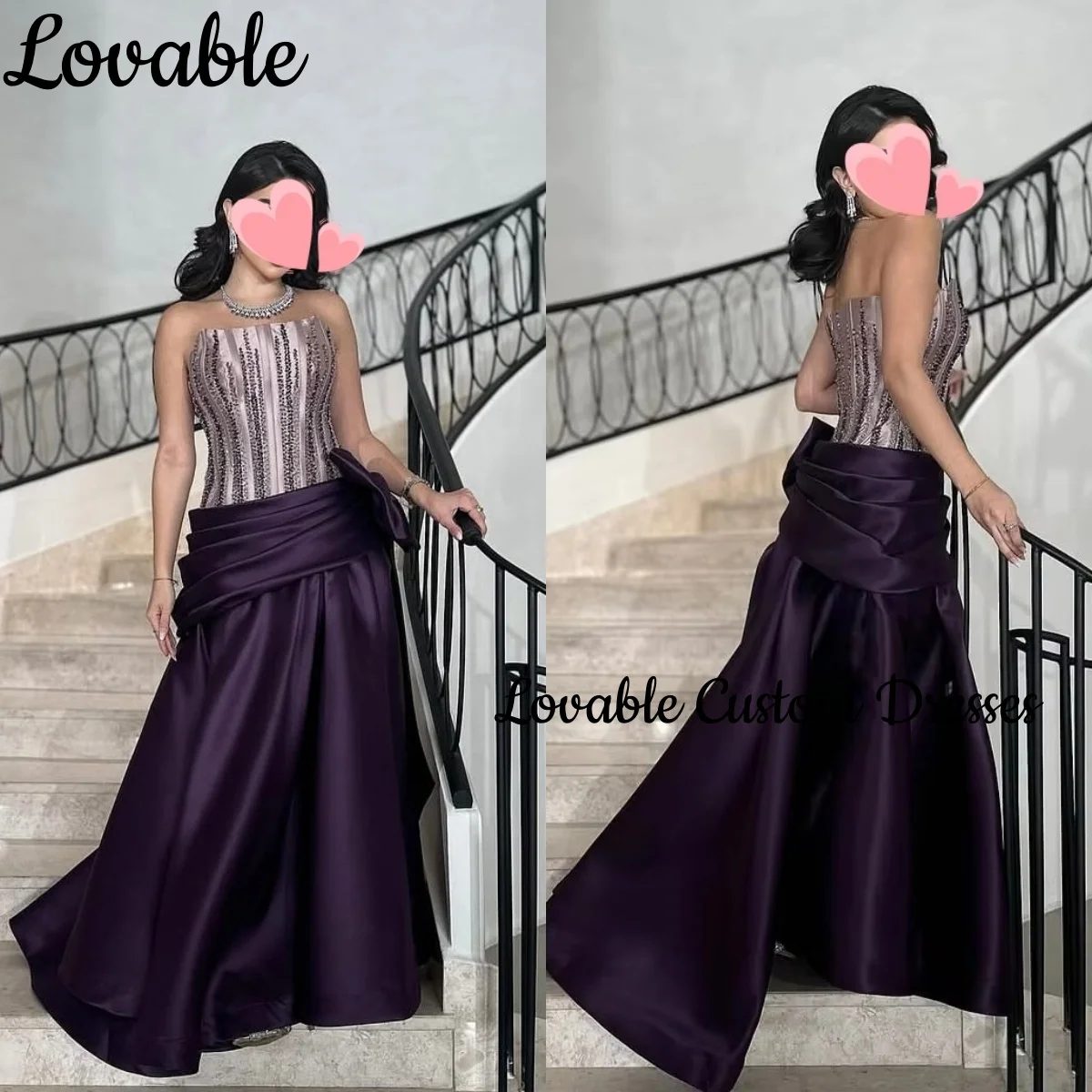 Hochzeits-Partykleid, individuell anpassbar, A-Linie, trägerlos, Traube, bodenlang, Perlenverzierung, luxuriöse Abendkleider, ärmellose Kleider mit Reißverschluss F