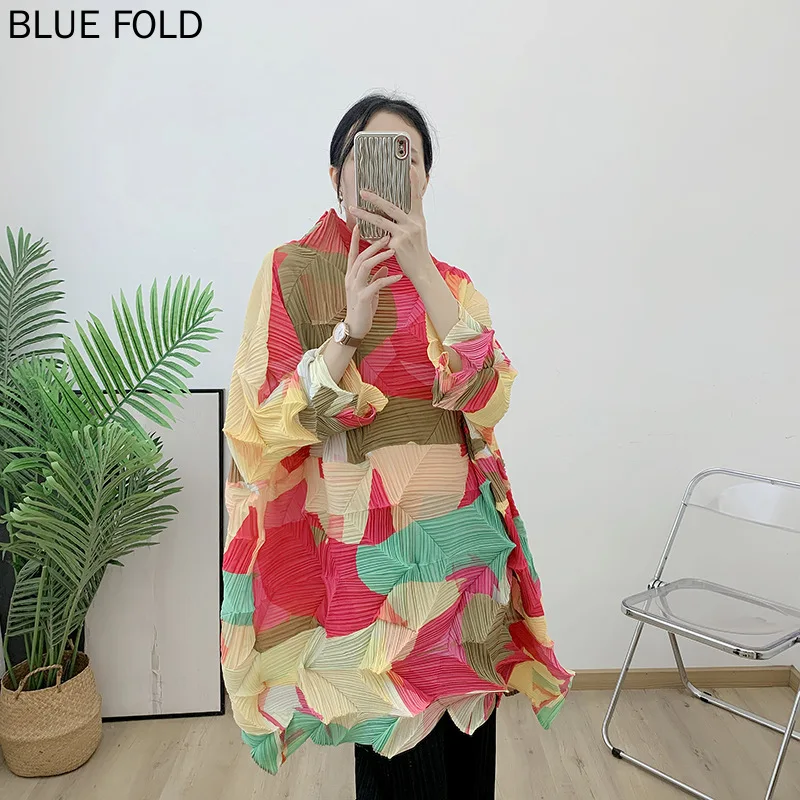 

MIYAKE Pleated Printed Diamond Pleated Top with 7/4 Sleeve Length Slim and Disorderly Pleated Long T-shirt Trendy PLEATS Blusas