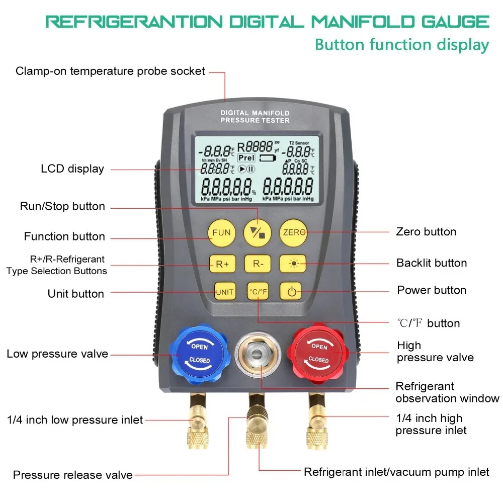 DUOYI DY517 Pressure Gauge Refrigeration Digital Vacuum Pressure Manifold Tester Air Conditioning Temperature Tester Valves Tool