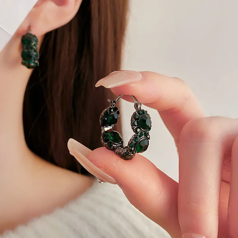 Rhinestone Emerald U Hoop Earrings for Women French Vintage Fashion Temperament Earring Luxury Jewelry Manufacturers Wholesale