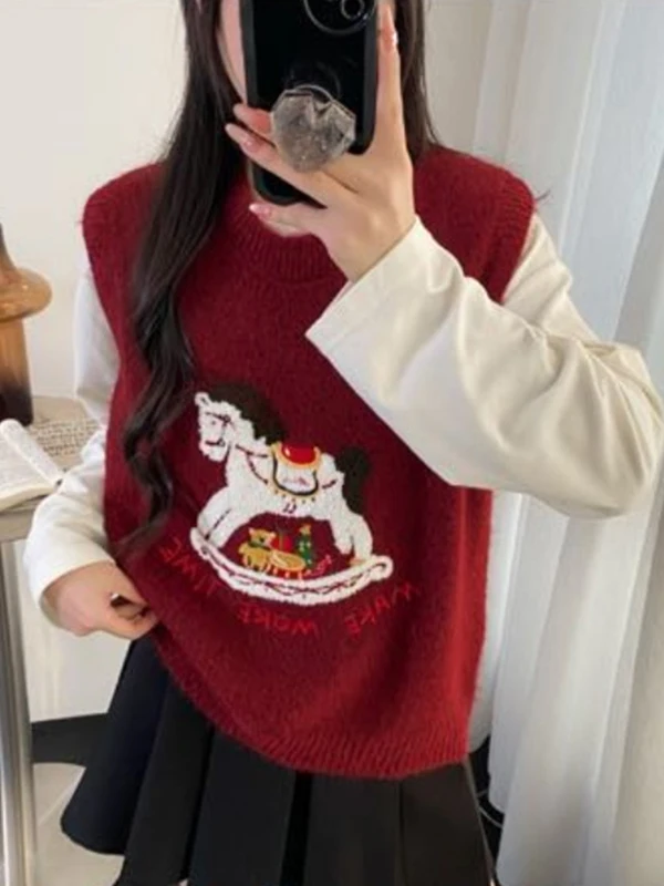 Thickened Knitted round Neck Sweater Vest Women's Base Layer Top Warm Outerwear Cardigan Dog Cartoon Design Spring Fashion