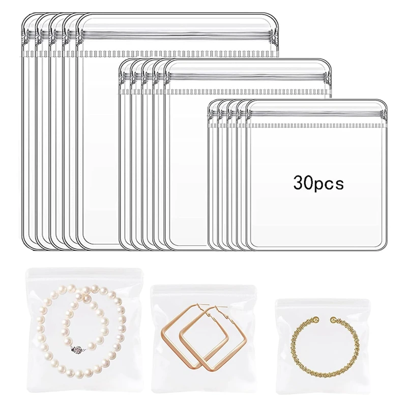 30Pcs 3 Sizes Clear Jewelry Organizer Earring Ring Necklace Storage Bags Travel, Anti Tarnish Protect Jewelry