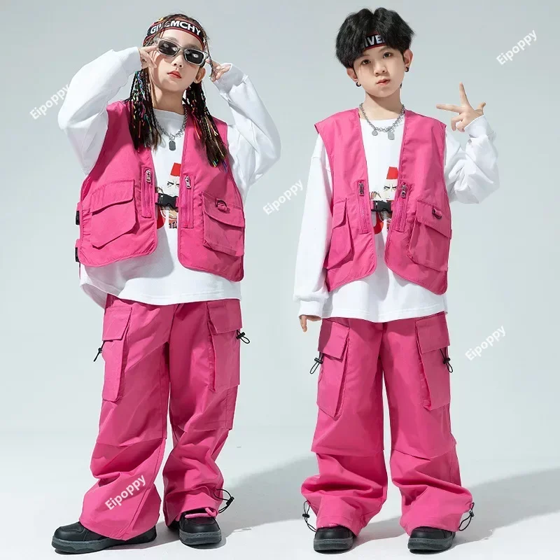 Children's Street Dance Clothing Girls' Rose Red Jazz Performance Hip-hop Clothes Boys Hip-hop Loose Rose Pink Breatheable Suits