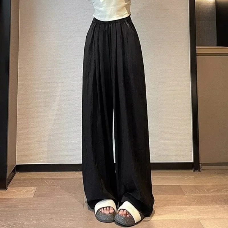 

2024 Casual Loose Fitting High Waisted Drape Thin Style Lazy Style Pleated Zen Style Ice Silk Wide Leg Pants Sweatpants Women