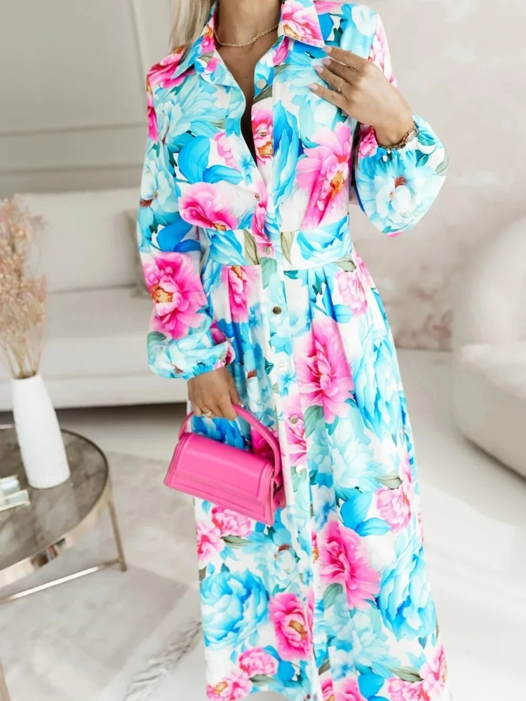 فستان خريفي كاجوال بحزام مطبوع للنساء بأكمام طويلة وياقة مقلوبة فستان ماكسي أنيق بأكمام واسعة وأزرار