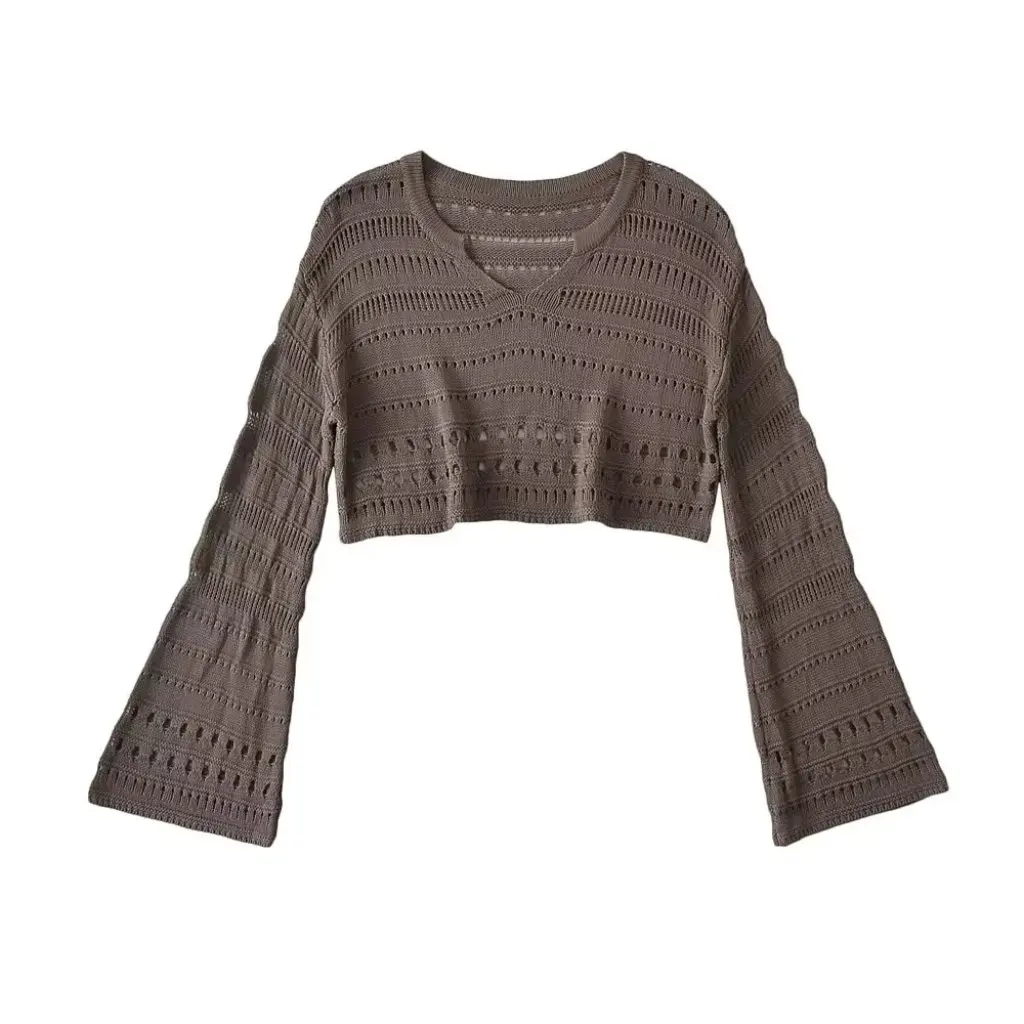 

Women's V-neck Mesh Hollow High Waist Loose Knitted Blouse European American Style INS Hot Girl Short Navel Long Sleeve Top