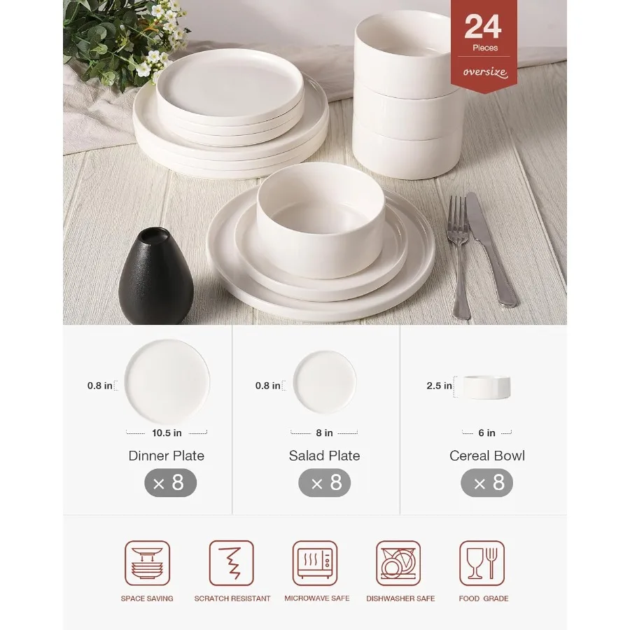 طقم أواني طعام بورسلين حديث 24 قطعة مع أطباق وأطباق لـ 8 أشخاص طقم أدوات مائدة بيضاء آمنة للاستخدام في الميكروويف وغسالة الأطباق