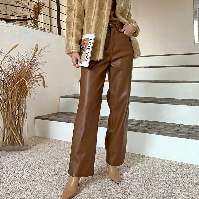 Brązowe skórzane spodnie damskie jesienno-zimowe w stylu vintage, codzienne, z prostymi nogawkami, z rozcięciami, ze skóry owczej, modne spodnie z wysokim stanem.