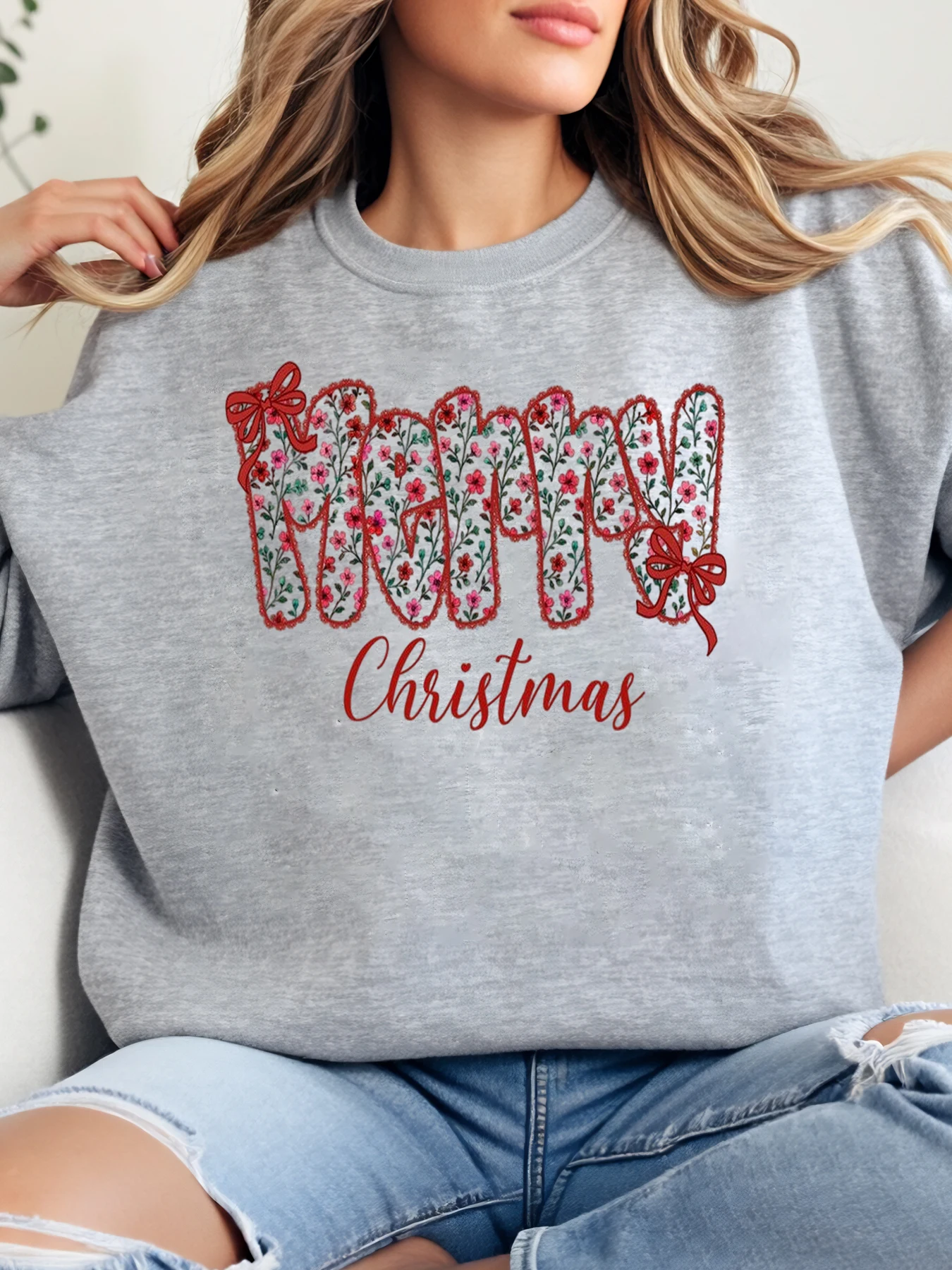 

Floral Merry Christmas Print Sweatshirt Holiday Women Casual Wear Gray Plus-Size