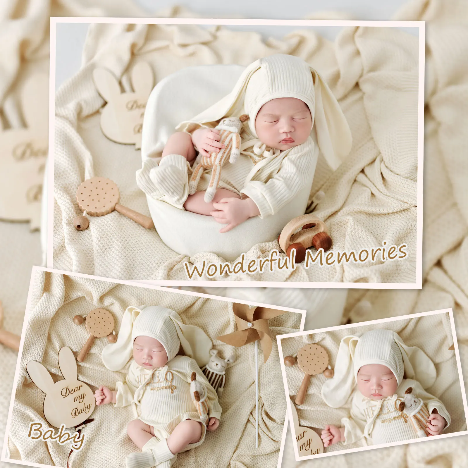 Accesorio de fotografía para recién nacido de 0 a 1 mes, traje de bebé tejido con tema crema Ins con sombrero de conejito a juego, accesorios para disparar