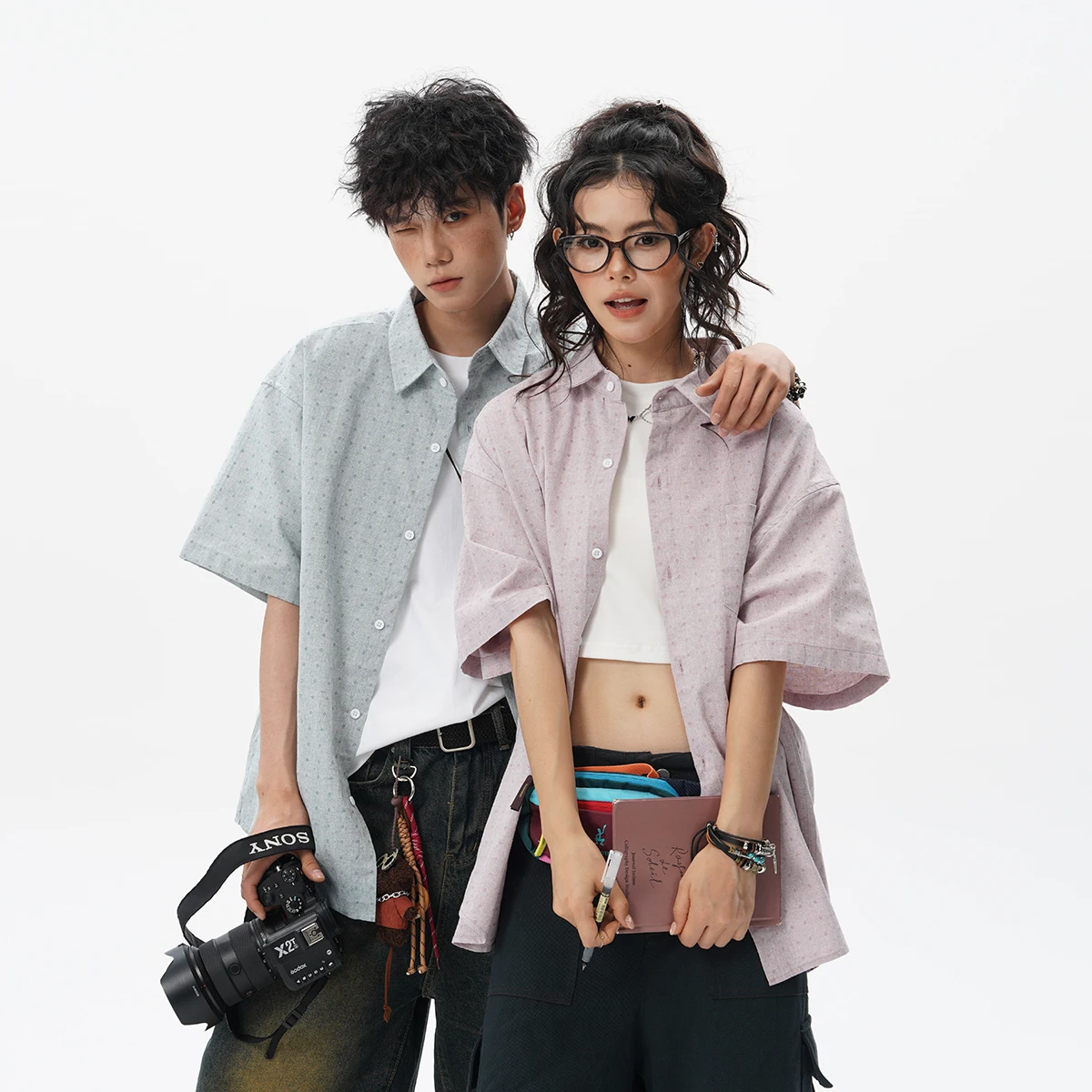 

Couple Classic Shirts Woman Spring Summer Blouses Shirt Lady Half Lantern Sleeve Stand Collar Loose Blusas Tops Men Women Shirt