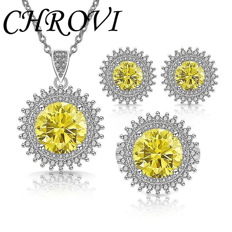 Luxuriöser 925 Sterling Silber Schmuck - Damen Sonnenblumen-Farbiger Edelstein Ring, Halskette, Ohrstecker - Damen Zirkonium Set – Detail 11