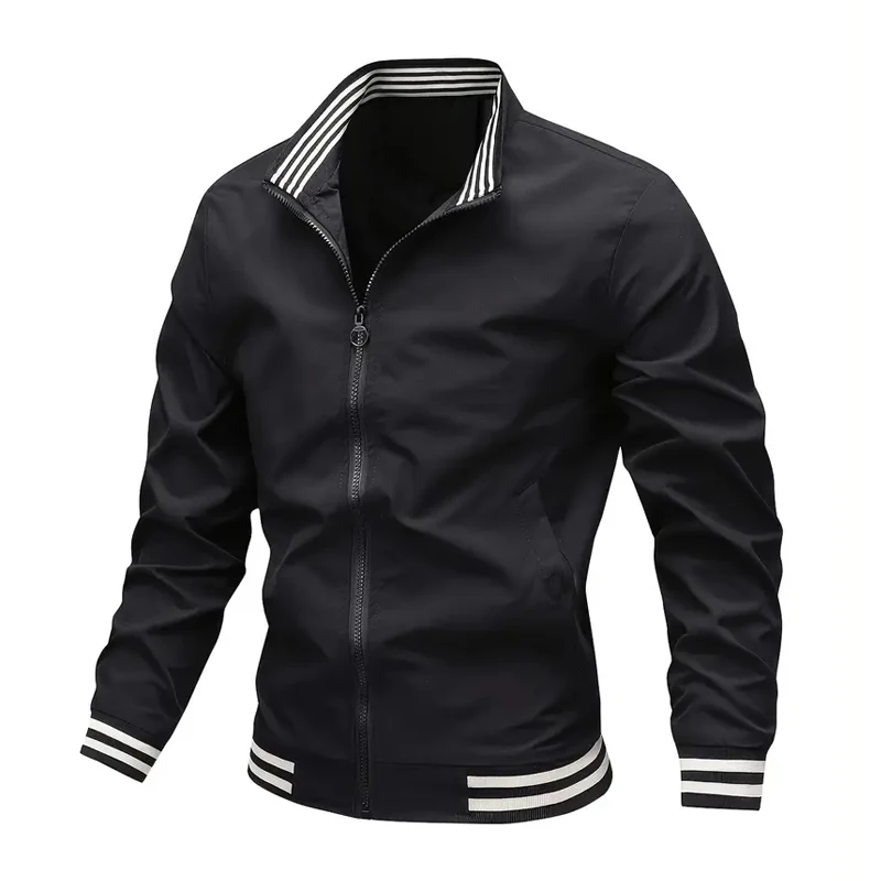Autumn Spring Men's Long-sleeved Zipper Stand Collar Jacket Non-fleece Polyester Striped Design Casual Jacket Male Windbreaker