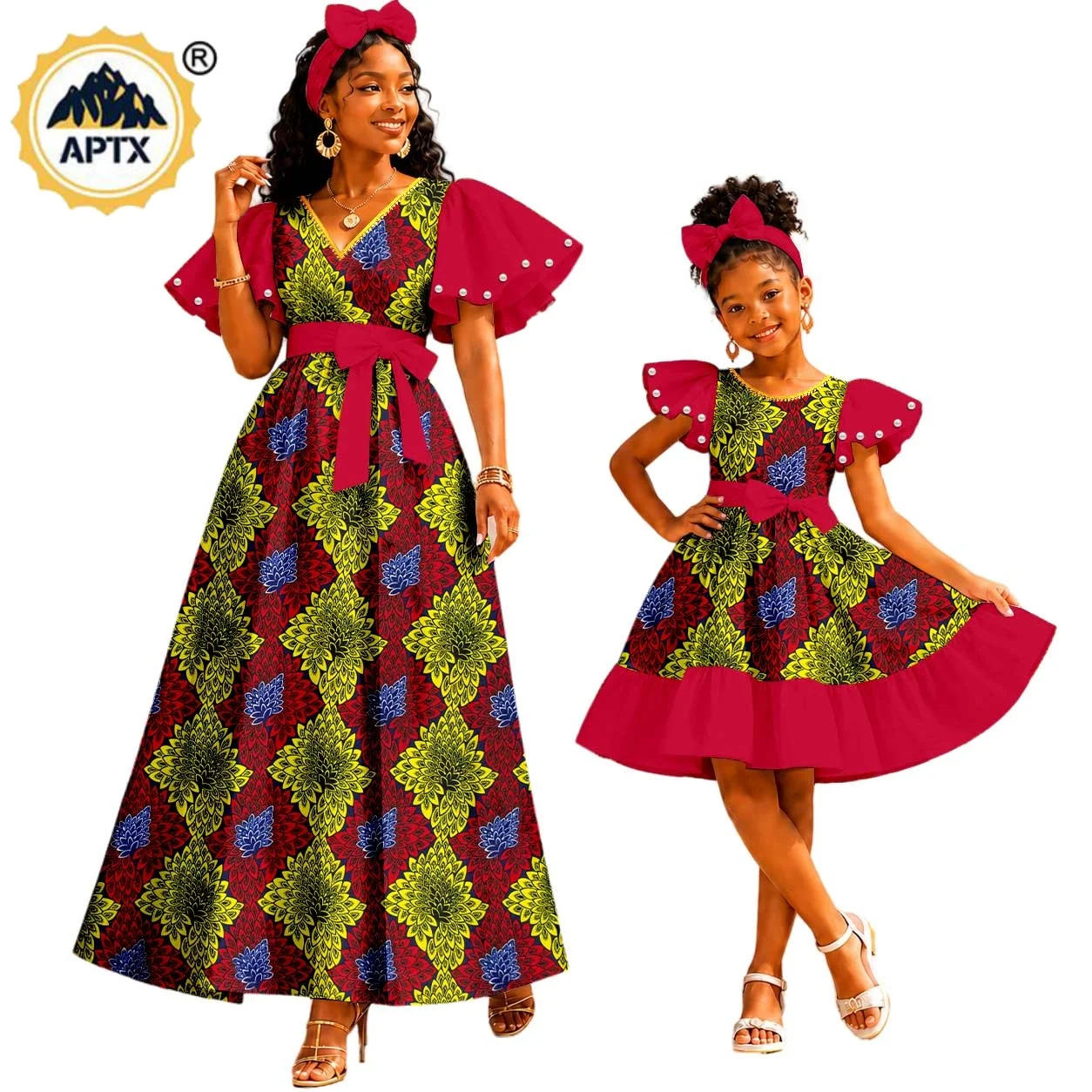African Clothes for Family Women V-neck Long Dresses Matching Dashiki Girls Dresses Bazin Riche Mom and Daughter Outfits 26F014