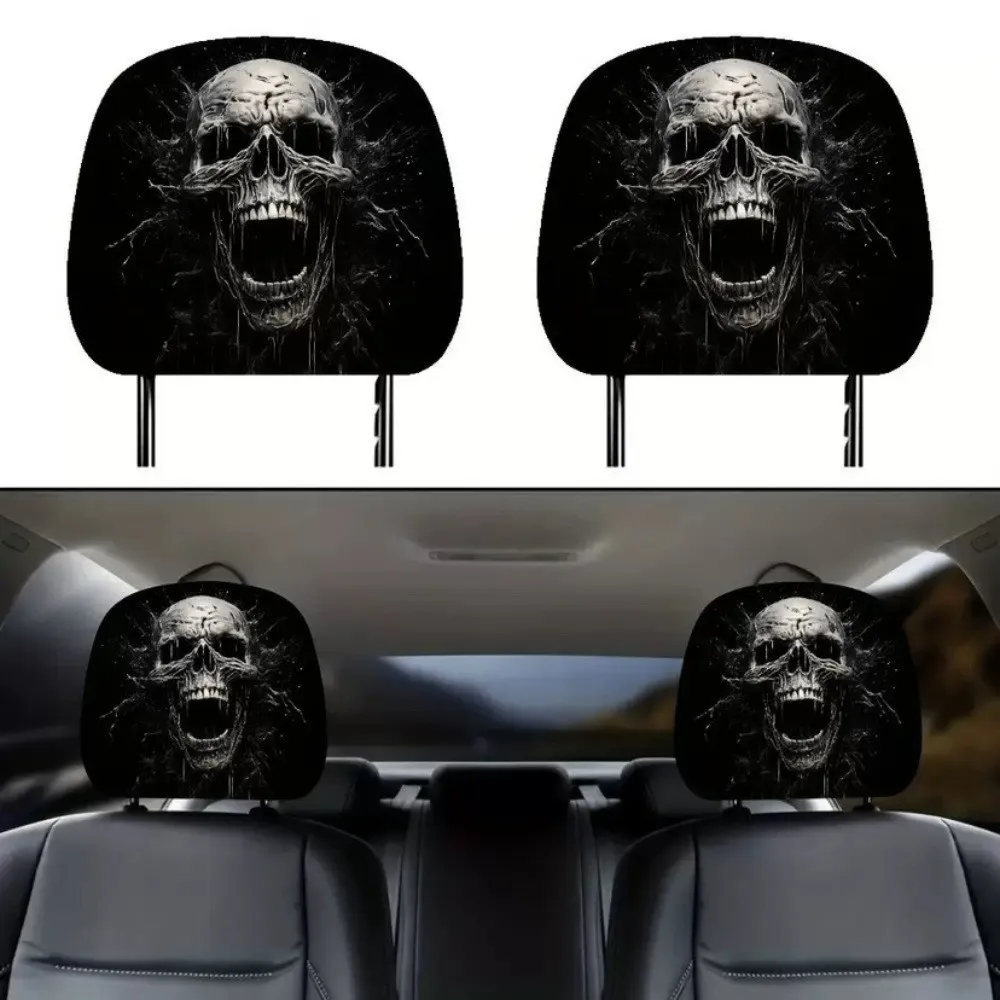 

1Pc Universal Car Headrest Cover Black Skull Pattern Elastic Car Seat Headrest Dust-proof Breathable Car Decoration