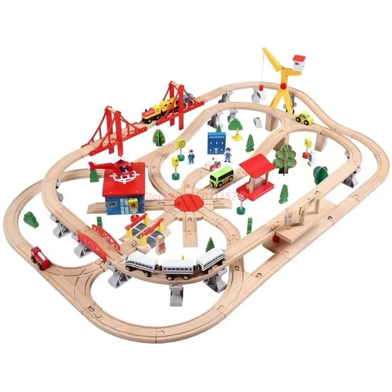 High Speed Railway 130p Wooden Wooden Track Car Harmony Electric Small Train Set Children\'s Wooden Track Electric Train Toy