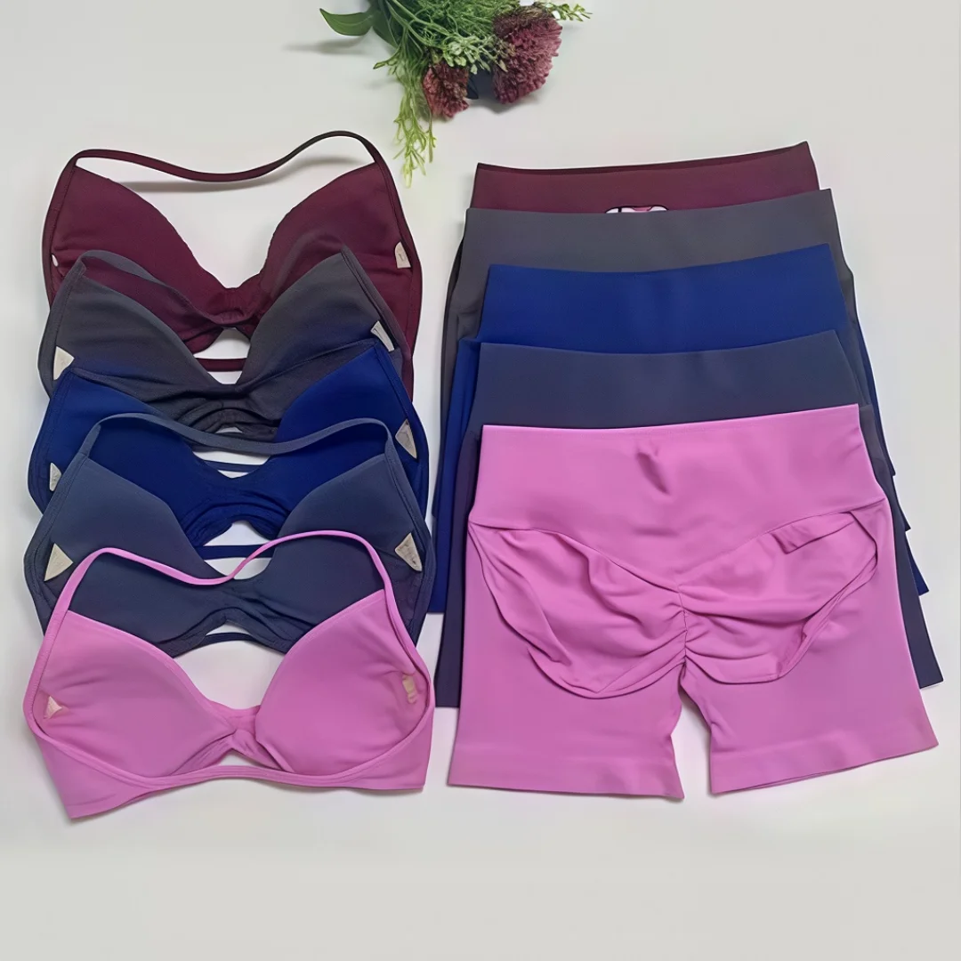 2-Piece Impact D-F Sports Set: Seamless Crossback Yoga Bra, High-Waist Ruched Shorts, Breathable Stretchy Workout Clothes