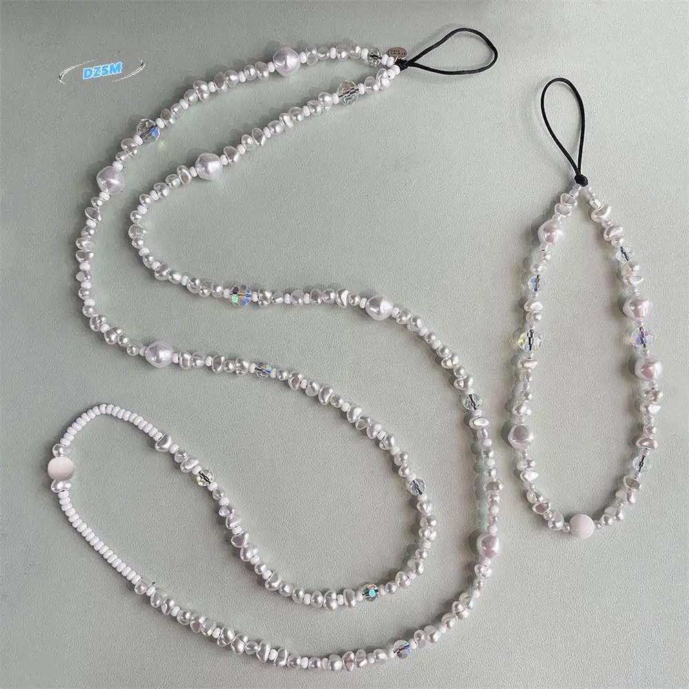 

Glass Beaded Women Wristlet String White Pearl Phone Charm Phone Wrist Strap Phone Lanyard Mobile Phone Chain Anti-Lost Lanyard