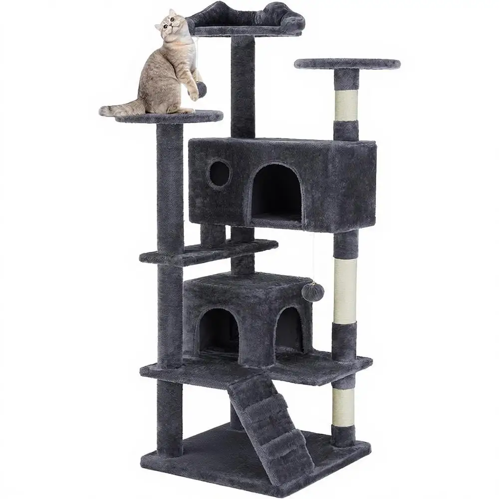 

54 Multi-Level Grey Cat Tower with Condo, Perches, Sisal Posts, Climbing Ladder & Play Balls