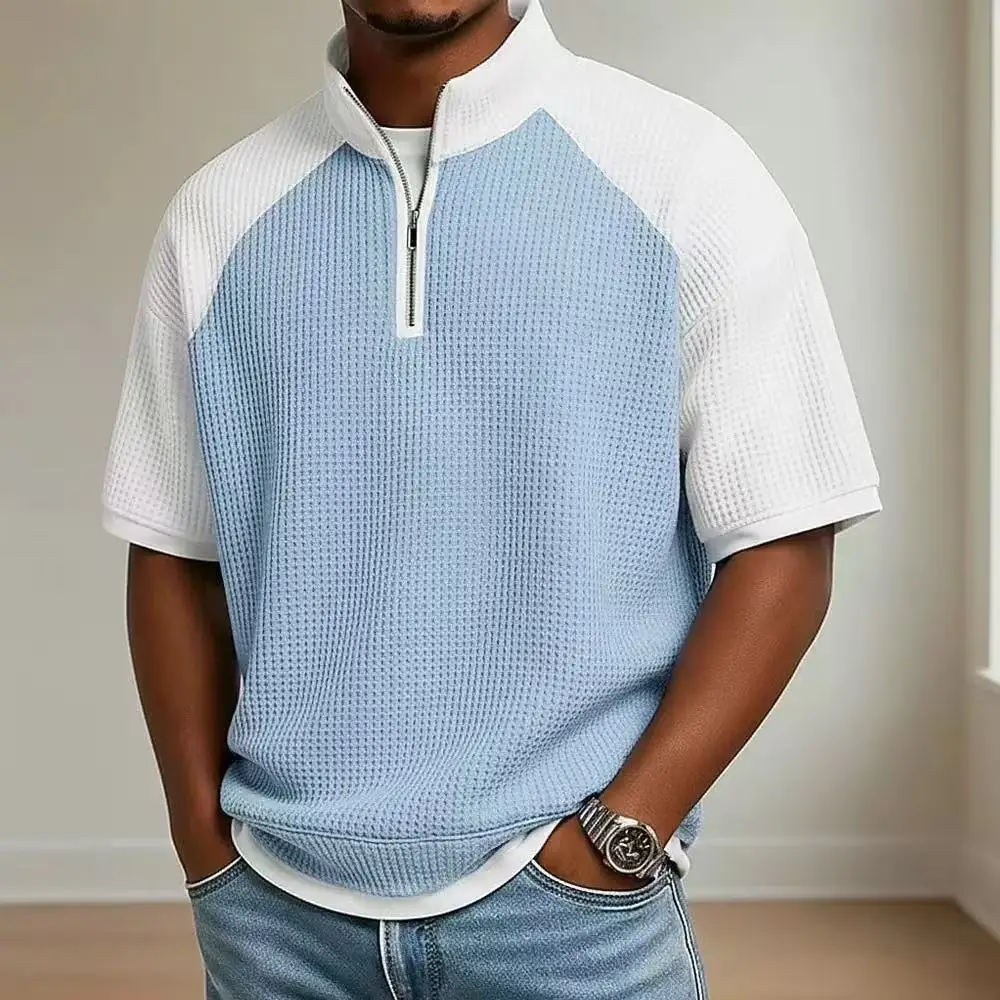 Waffle Contrasting Stand-up Collar Shirt T-shirt Men's Sports And Leisure Simple Men's Short Sleeves