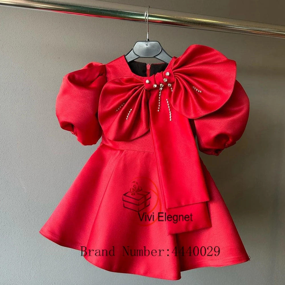 Charming Red Flower Girl Dresses with Beading Bow Short Sleeve Wedding Party Gowns 2023 ummer Satin Bow فساتين للحفلات الراقصة