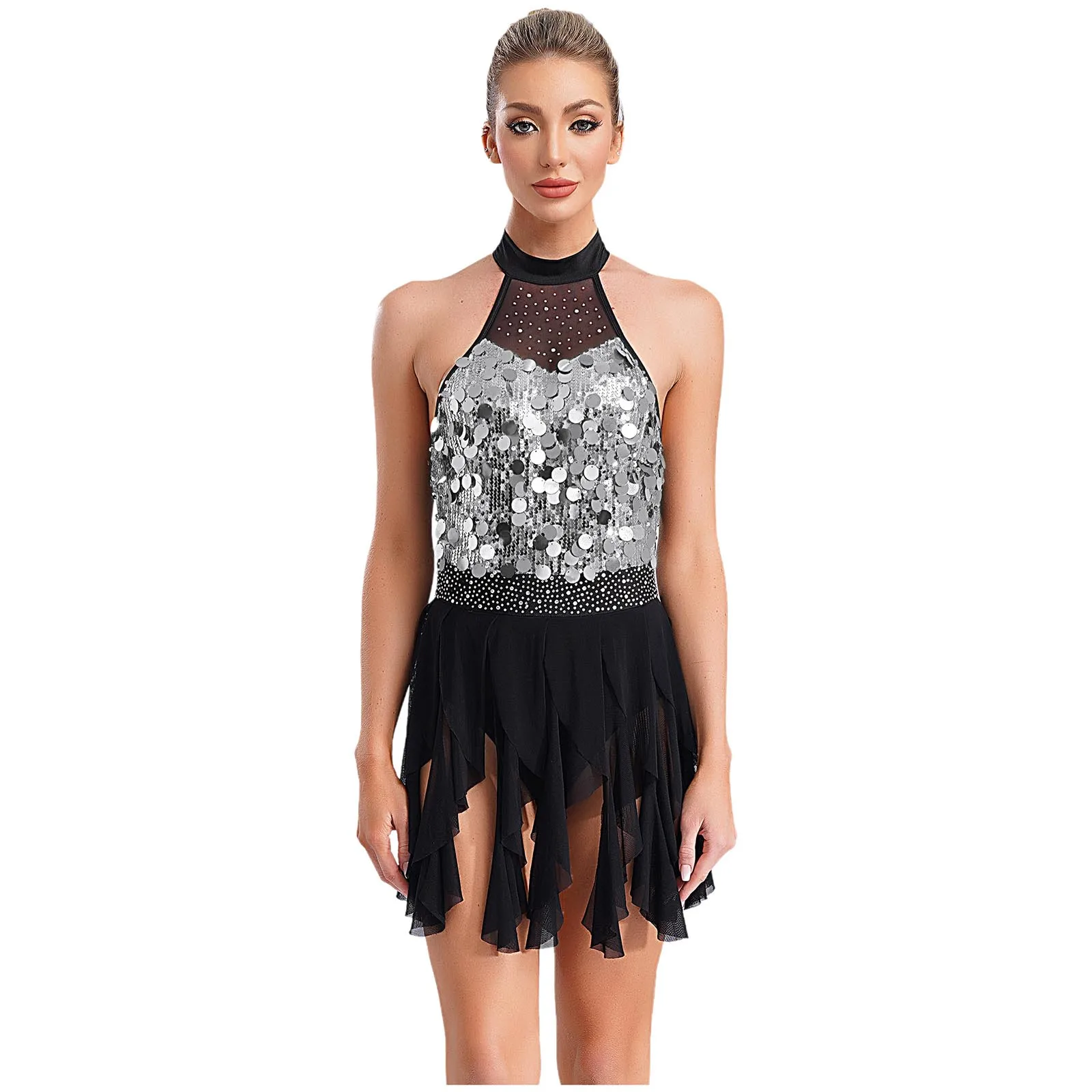 

Lyrical Women Sleeveless Jazz Latin Dance Leotard Sequin Rhinestones Adorned Overlay Leotard for Ballet Dance Performance Outfit