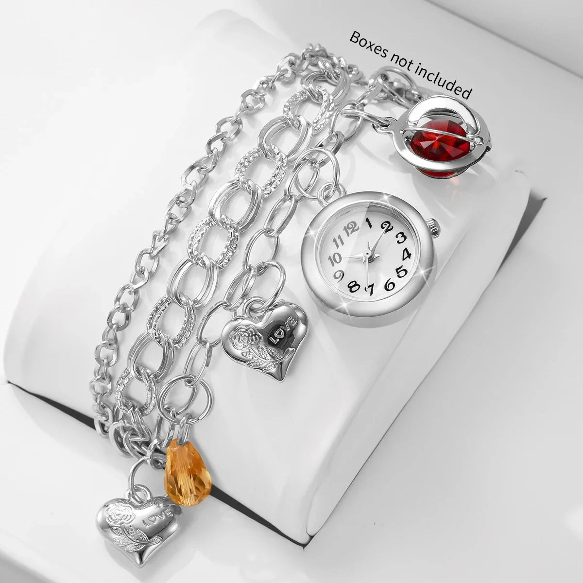 Elegant Silver Multi‑Layer Women Bracelet Watch Love Heart Red Crystal Charm Quartz Wristwatch Relogio Feminino（Without Box）