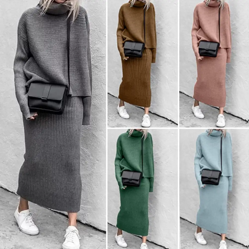 Women Tops Skirt Set Loose Pullover Long Sleeves Soft Sweater Skirt Suit Thermal Winter Sweater Skirt Suit for Dating