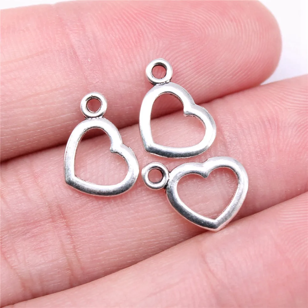 40pcs/lot 13x9mm Hollow Heart Charms For Jewelry Making Antique Silver Color 0.51x0.35inch