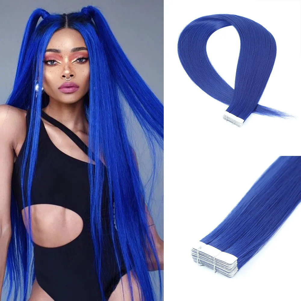 

Синяя 26-дюймовая лента для наращивания волос, 20 шт., синтетические прямые волосы, невидимые красочные наращивания для женщин, розовый, фиолетовый, красный