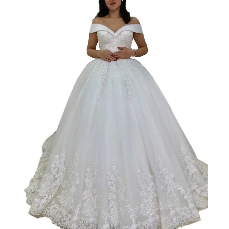 Ayicuthia wunderschöne Applikationen Kapelle Spitze Ballkleid Brautkleid sexy U-Ausschnitt Langarm Perlen Prinzessin Brautkleid