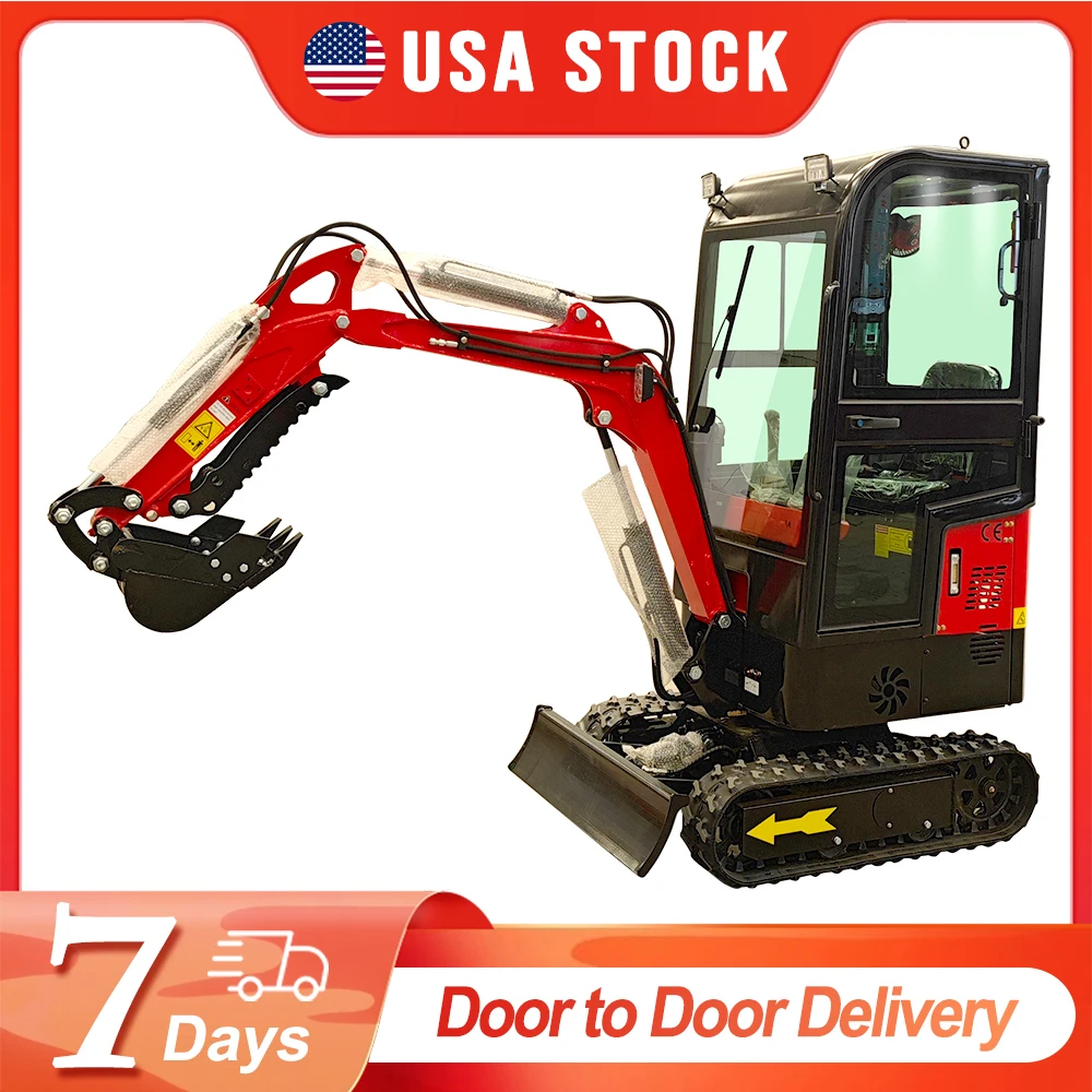 USA Stock 15HP Mini Excavator 1 Ton Crawler Excavator with Enclosed Cab Samll Digger Door to Door Delivery