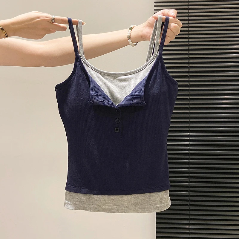 Fashion Fake Two Piece Camisole for Woman Spring Autumn Short Slim Fit Chest Pad Tank Women Korean Street Spicy Girl Clothes