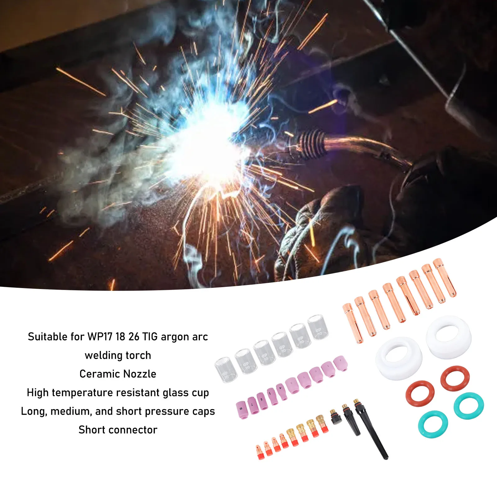 

55 Pcs TIG Welding Consumables TIG Welding Accessory PTFE Front Cover Short Electrode Clip Set with Storage Box for WP 17 18 26