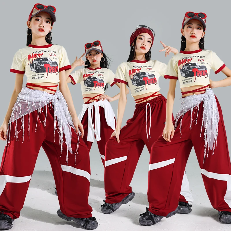 

Teens Child Fashion Hip Hop Cropped T-shirt Cargo Pants for Girl Hiphop Style Streetwear Outfit Kids Dance Stage Costume Clothes