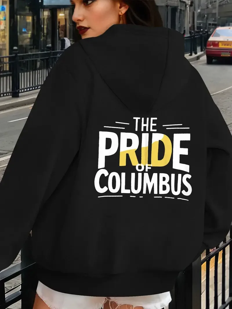 

Женская повседневная толстовка с капюшоном больших размеров The Pride Of Columbus, 100% полиэстер, трикотажная ткань, длинный рукав, обычная длина, геометрический узор